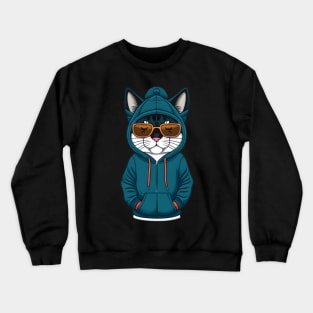 Cute Cartoon Cat in Jacket, Cap, and Sunglasses 3 Crewneck Sweatshirt